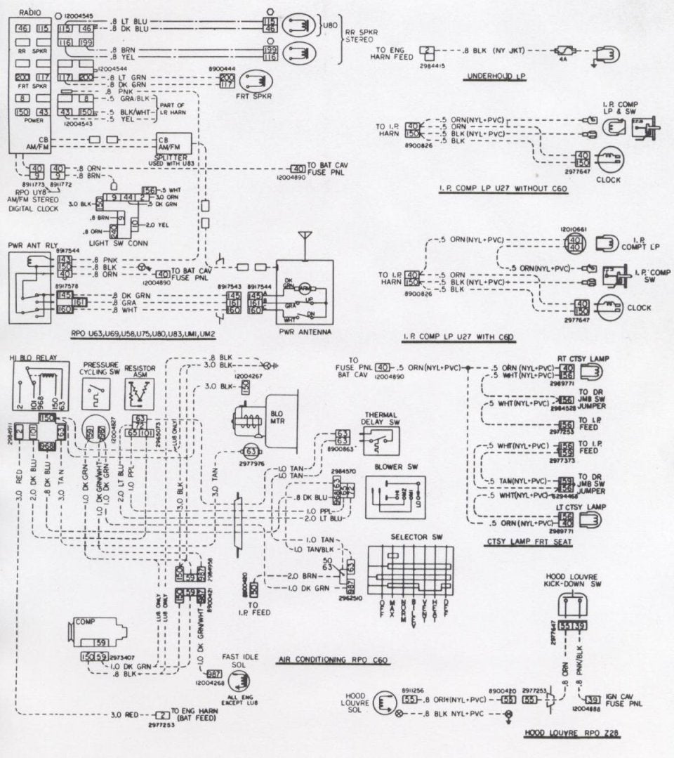 1980 Camaro Optional Accessories (AC, lighting, radios) Wiring Schematic